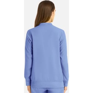 A women's full zip bomber jacket in light blue with a plain back design and long sleeves.