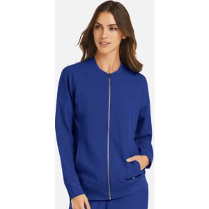 A women's full zip bomber jacket in a vibrant blue colour, featuring a zippered front and side pockets.