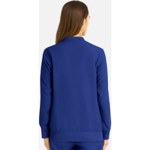 A women's full zip bomber jacket in blue, featuring long sleeves and a collar, shown from the back.