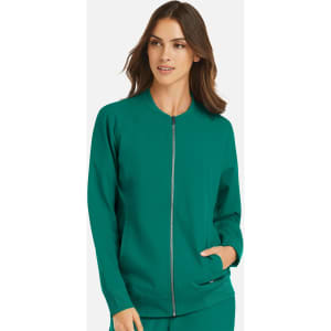 A teal women's full zip bomber jacket with a round neckline and side pockets, featuring a logo.