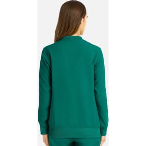 A women's full zip bomber jacket in a rich green hue, featuring a simple design and a logo.