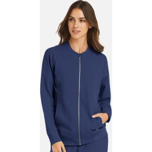 A women's full zip bomber jacket in navy blue, featuring a sleek design and a pocket. It has a logo on the jacket.