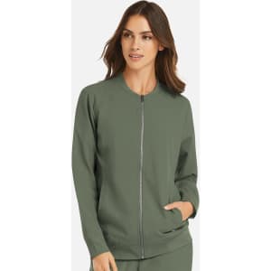 A women's full zip bomber jacket in olive green, featuring a zippered front and side pockets. It has a logo on it.