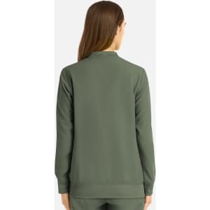 A women's full zip bomber jacket in green, featuring a simple design and a stylish back view.