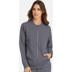 A women's full zip bomber jacket in grey featuring a smooth fabric finish and a logo on the sleeve.