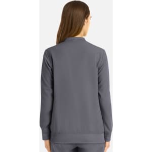 A women's full zip bomber jacket in grey, featuring a simple design and a back view of the garment.
