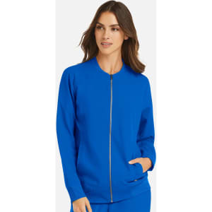 A women's full zip bomber jacket in vibrant blue, featuring a round neckline and two side pockets.