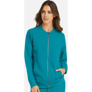A women's bomber jacket in teal, featuring a full zip and side pockets, with a logo on the chest.