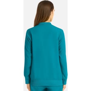 A teal women's bomber jacket with a full zip and a simple design, featuring a logo on the back.