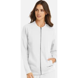 A white women's full zip bomber jacket with a sleek design and a logo on the chest.