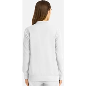 A white women's bomber jacket with a full zip and long sleeves, featuring a plain back design and a logo.