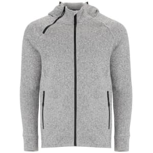 A grey sweat jacket with a hood, featuring a zip front and two side pockets. It has a logo on the chest.