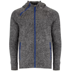 A grey sweatshirt jacket with a hood, featuring blue zip accents and pockets, includes a branding logo.