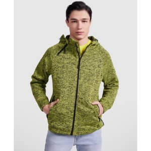 A green and black marled sweatshirt jacket with a hood, featuring a front zip and pockets.