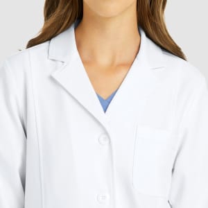A white full-length lab coat featuring a pocket and a classic collar design.