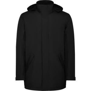 A black parka jacket with a hood and side pockets, featuring a simple design.
