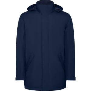 A navy blue parka jacket featuring a hood and side pockets, with a logo on the fabric.