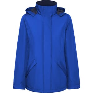 A blue women's parka featuring a hood and side pockets, with a smooth exterior and a stylish design.