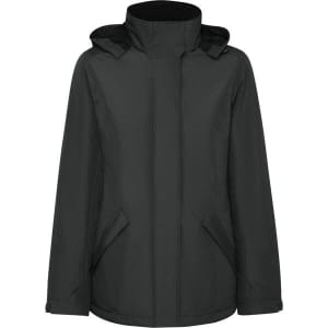 A women's parka in black, featuring a hood and side pockets, with a simple design and no visible branding.