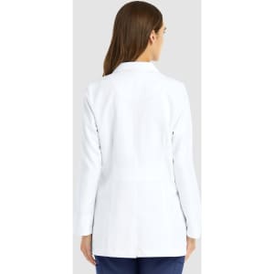 A white women's lab coat with a tailored fit, featuring long sleeves and a back view.