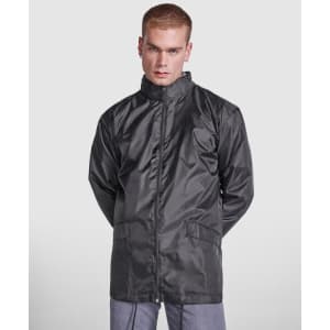 A black jacket with a high collar and pockets, featuring a branded logo. Suitable for casual wear.