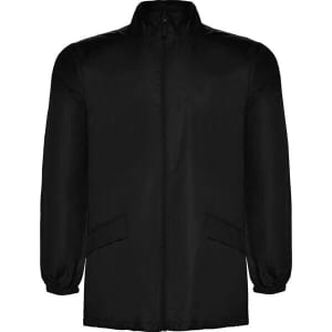 A black jacket with a zip-up front and elasticated cuffs, featuring side pockets and a logo.