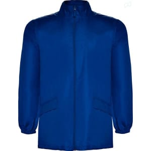 A blue rain jacket featuring a zip closure and side pockets, with a logo on the chest area.