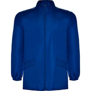 A blue rain jacket featuring a full zip and elastic cuffs, with side pockets and a logo.