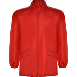 A red jacket with a zip front, long sleeves, and side pockets, featuring a logo on the chest.
