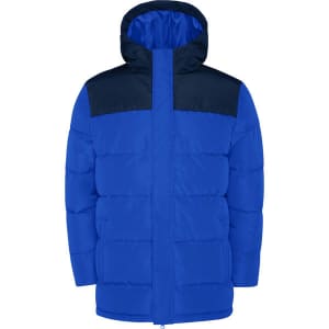 A blue and navy water-repellent parka with a hood and padded design. It features a logo on the front.