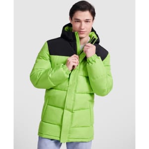 A bright green and black water-repellent parka featuring a zip closure and a hood, with a logo on the chest.