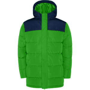 A vibrant green water-repellent parka with a navy blue hood and upper panel, featuring a logo.