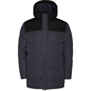 A water-repellent parka in navy and black, featuring a hood and a zip-front design. Includes a logo.
