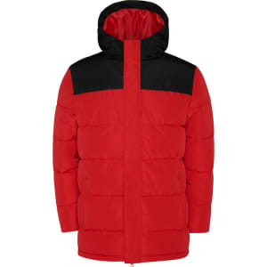 A water-repellent parka in red with a black hood and upper section, featuring a zip front and a logo.