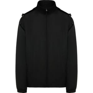 A black water-repellent jacket with a front zipper and shoulder detailing, featuring two side pockets and a logo.