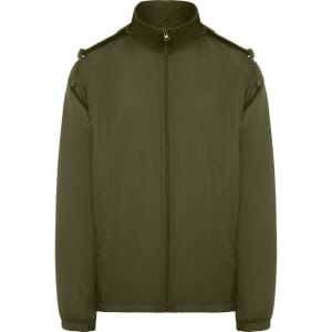 A water-repellent jacket in olive green with a zip front and shoulder detailing, featuring a logo.