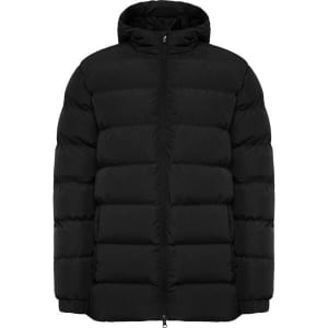 A black water-repellent parka with a zip front and hood, featuring a padded design and no visible branding.