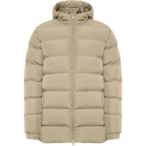 A beige water-repellent parka with a zip-up front and a hood, featuring a puffy design. Includes a logo.