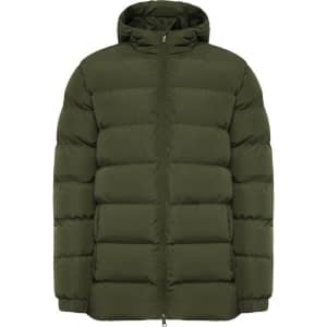 An olive green water-repellent parka featuring a zip front and a hood, with a padded design and a logo.