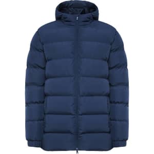A navy blue water-repellent parka with a puffy design and hood, featuring a zipper closure. It has a logo.