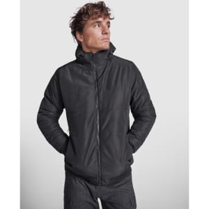 A black water-repellent jacket with a high collar, featuring a zip front and two side pockets. It has a logo on it.