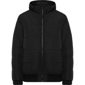 A black water-repellent jacket with a hood, featuring padded sections and a zip closure. It has a logo on the front.