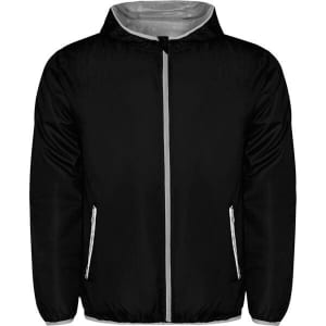 A black windbreaker jacket with a grey inner lining and zippered pockets, featuring a logo on the chest.