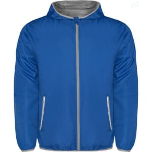 A blue Angelo Windbreaker jacket with a grey interior and two side pockets, featuring a hood and a logo.
