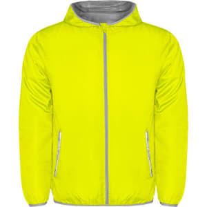 A bright yellow windbreaker jacket featuring a front zip and side pockets, with a grey lining and reflective detailing.