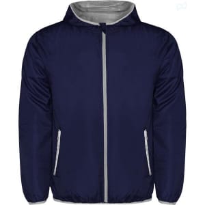 A navy blue windbreaker jacket featuring a grey lining and side pockets, with a hood and a logo.