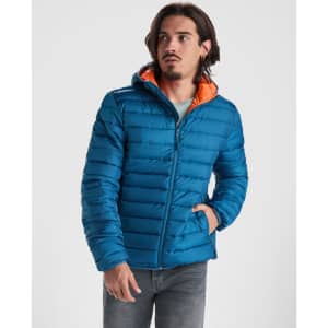 A waterproof hooded jacket in bright blue with an orange interior, featuring a zip front and a logo on the chest.
