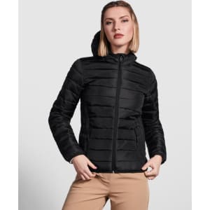 A women's waterproof hooded jacket in black with a zip front and quilted design, featuring a logo.