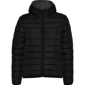 A black waterproof hooded jacket featuring a puffer design and two side pockets, along with a logo.