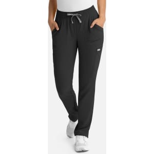 A pair of women's full elastic pull-on pants in black with pockets and a drawstring waistband.